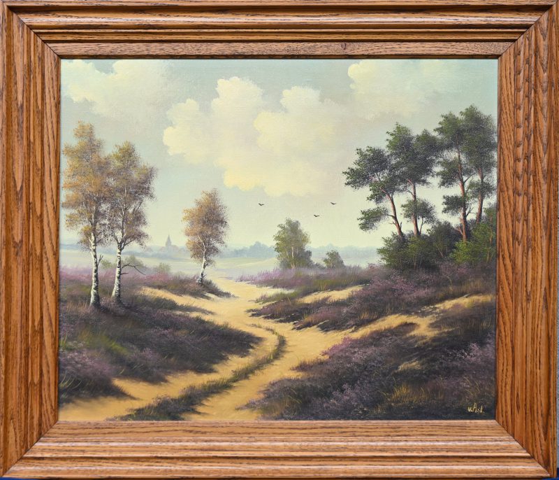 “Heidezicht”, een schilderij, olieverf op doek in massief eiken kader, gesigneerd V. Ast.