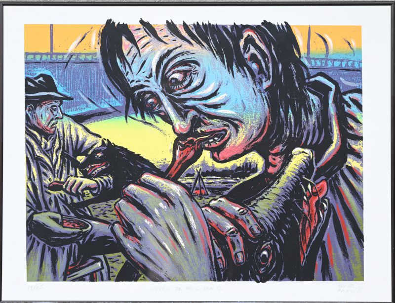 “Onder de brug van O.”, een lithografie in kleur, gesigneerd buiten de plaat Frank Maieu, gedateerd ‘88 en genummerd 28/95.