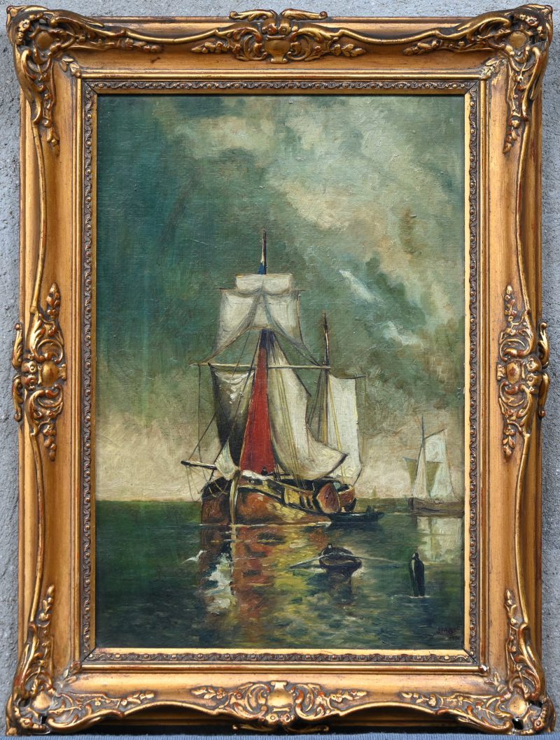 “Nederlands maritiem”, een schilderij, olieverf op paneel, gesigneerd J. Mees en gedateerd 1926.