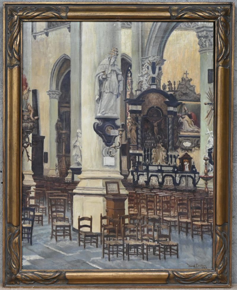 “Kerkinterieur”, een schilderij, olieverf op doek, gesigneerd Ward Eecken.