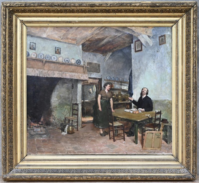 “Vlaamsch interieur met figuren”, een schilderij, olieverf op doek in vergulde kader, gesigneerd J. Van Riet en gedateerd 1887.