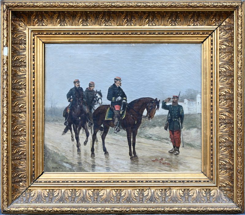 “Soldaten te paard”, een schilderij, olieverf op doek, gesigneerd Paul Durbis. Verfschade onderaan het doek.