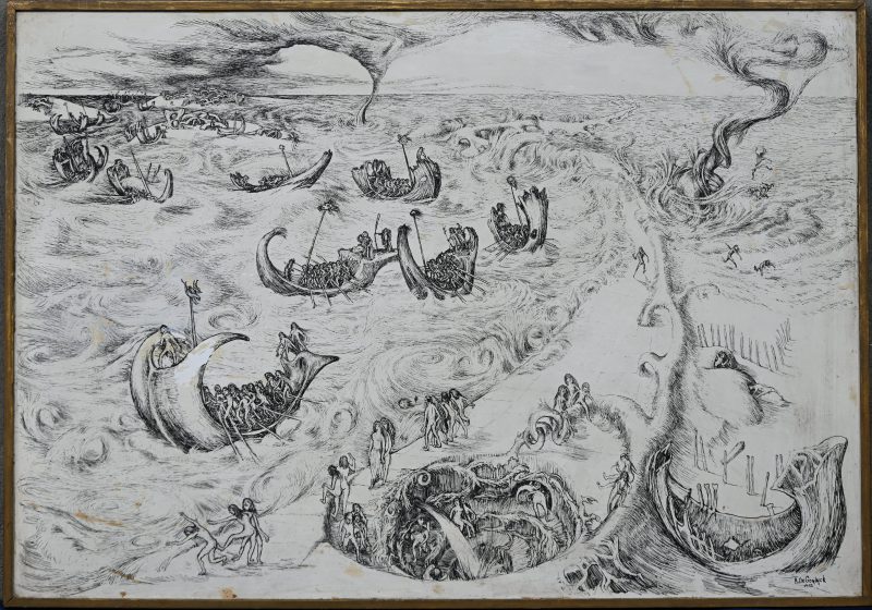 “Compositie 1. Fantasierijk tafereel met storm en ontsnappende boten.” Pen op papier. Gesigneerd, en gedateerd 1955.