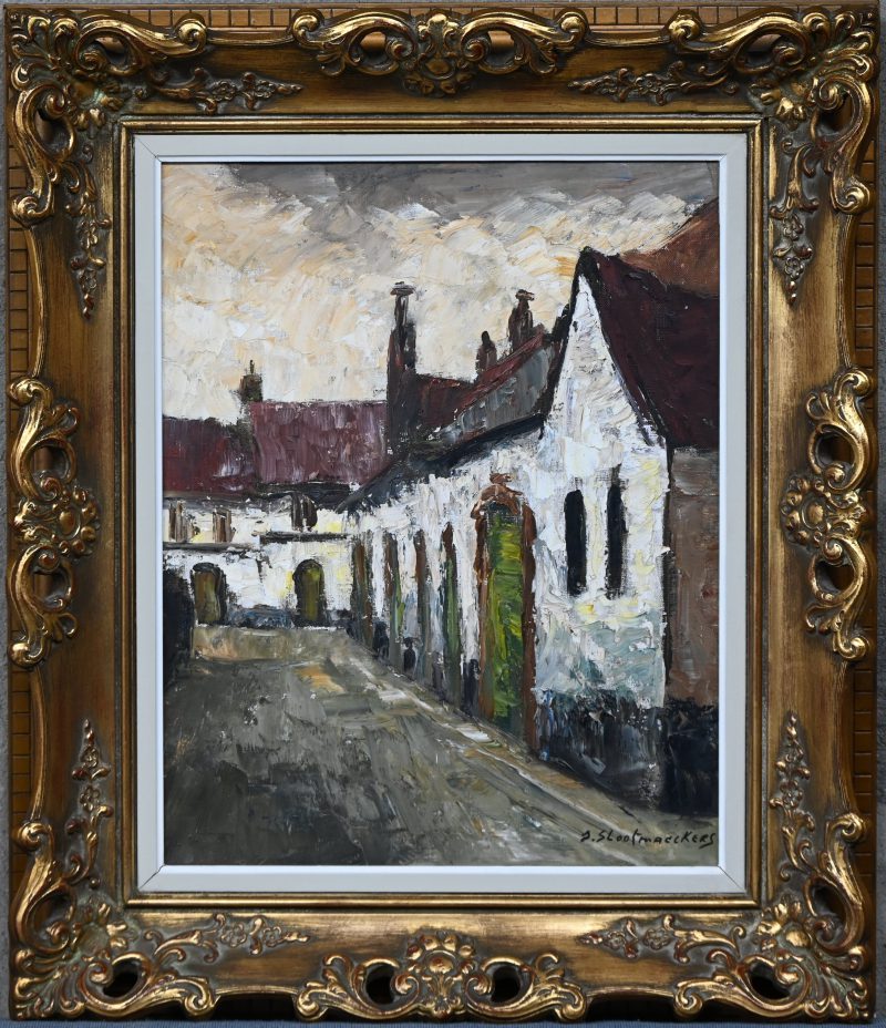 “Begijnhof te Brugge”, een schilderij, olieverf op doek in vergulde kader, gesigneerd J. Slootmaeckers.