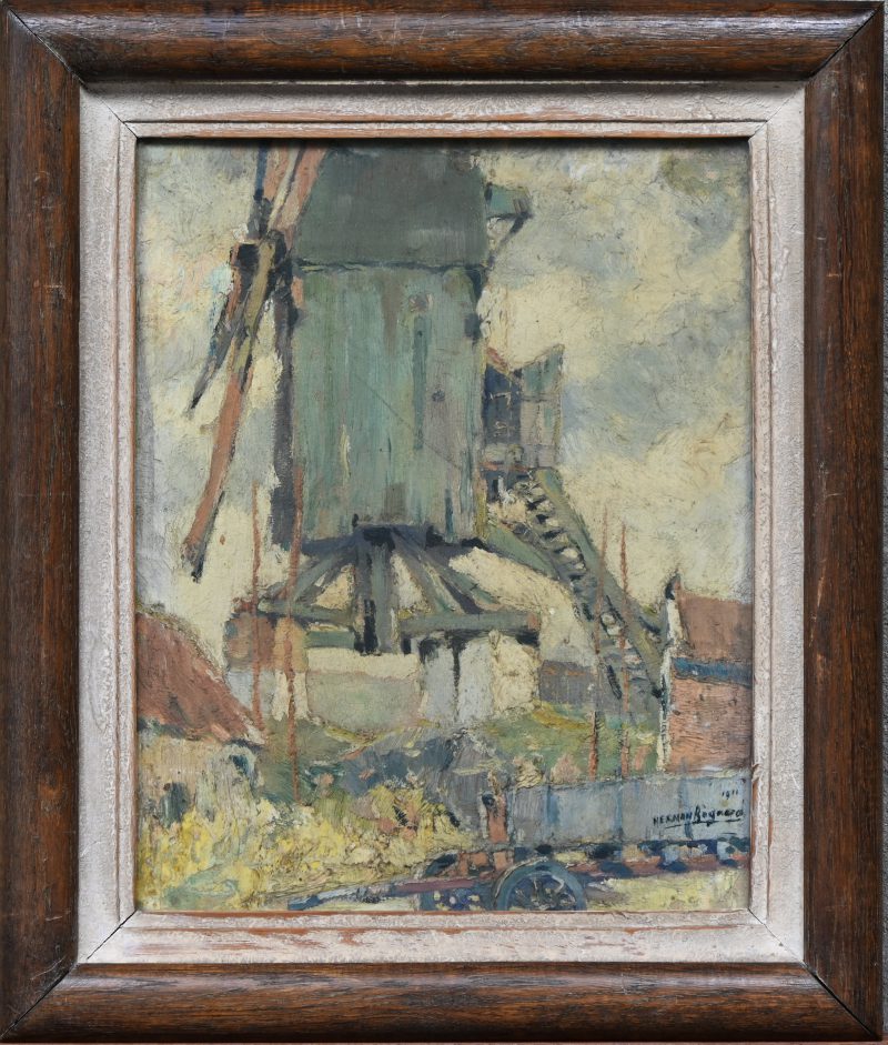 “Molenzicht”, een schilderij, olieverf op paneel, gesigneerd Herman Bogaerd en gedateerd 1911.