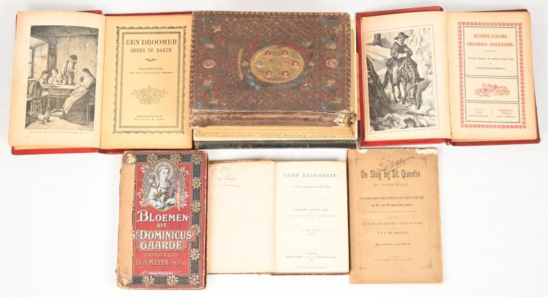 Een lot van 9 boeken: "Zoo is de Mensch!" - Dr. J. De Roeck; "Alice Nahon Herdacht", 1934; "Jeunes Cœurs Grandes Douleurs" - Augusta Blancarnelle; "Een Droomer onder de Daken" - Diary, H. Carolus Press; "Bloemen uit Sint-Dominicusgaarde" - G. A. Meyer; "De Ridder van het Slot van Laerne" - Jef Crick and Jef Scheirs; "Wonders of Italy" - Medici Art Series, Joseph Fattorusso; "De Slag bij St. Quentin (10 Augustus 1557)" - H. W. Van Asch van Wijck et al.; "Lord Kilgobbin: A Tale of Ireland in Our Own Time" - Charles Lever, 1872