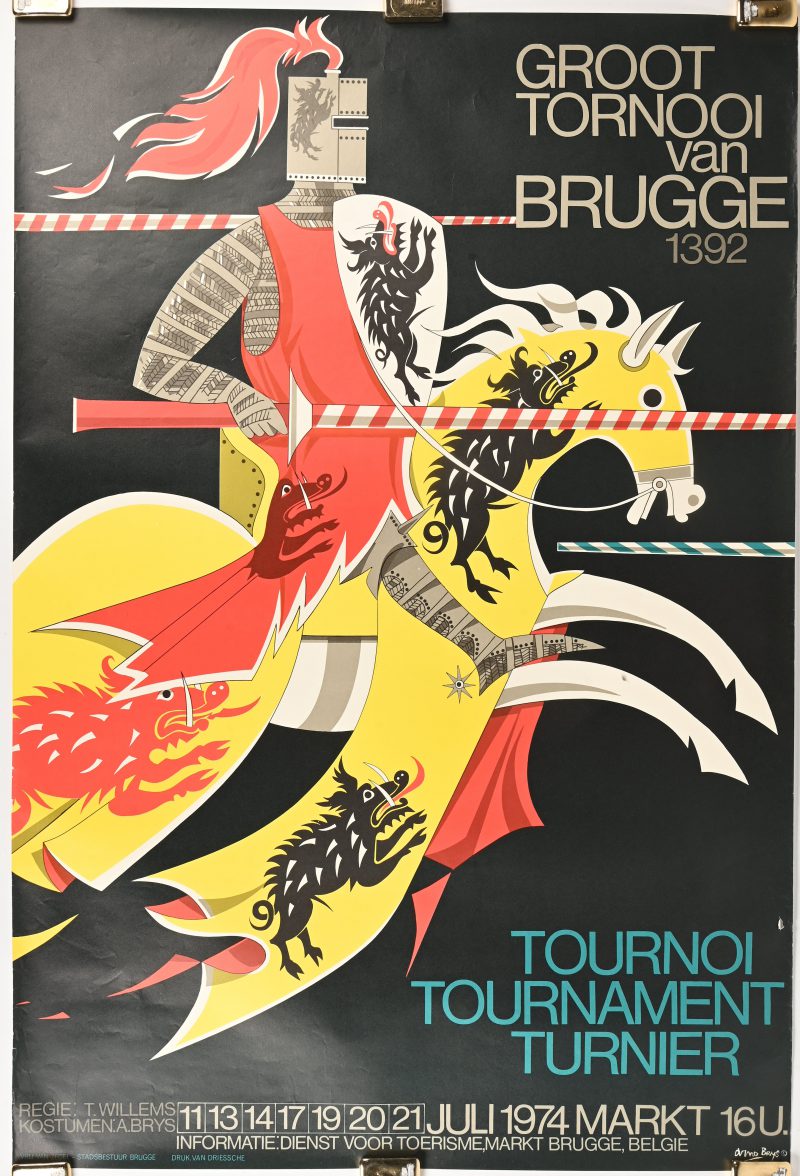 “Groot tornooi van Brugge 1392”. Een vintage poster door Arno Brys, 1974.