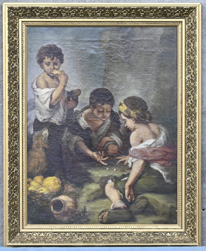 “Het dobbelspel”, een reproductie naar het werk van Bartolome Esteban Murillo, olieverf op doek. Gemonogrammeerd LC en gedateerd 1950.