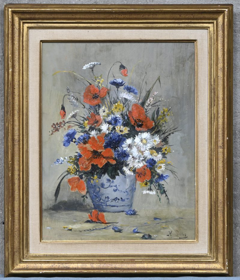 “Bloemenstilleven”, een schilderij, olieverf op paneel, gesigneerd H. Bellis.