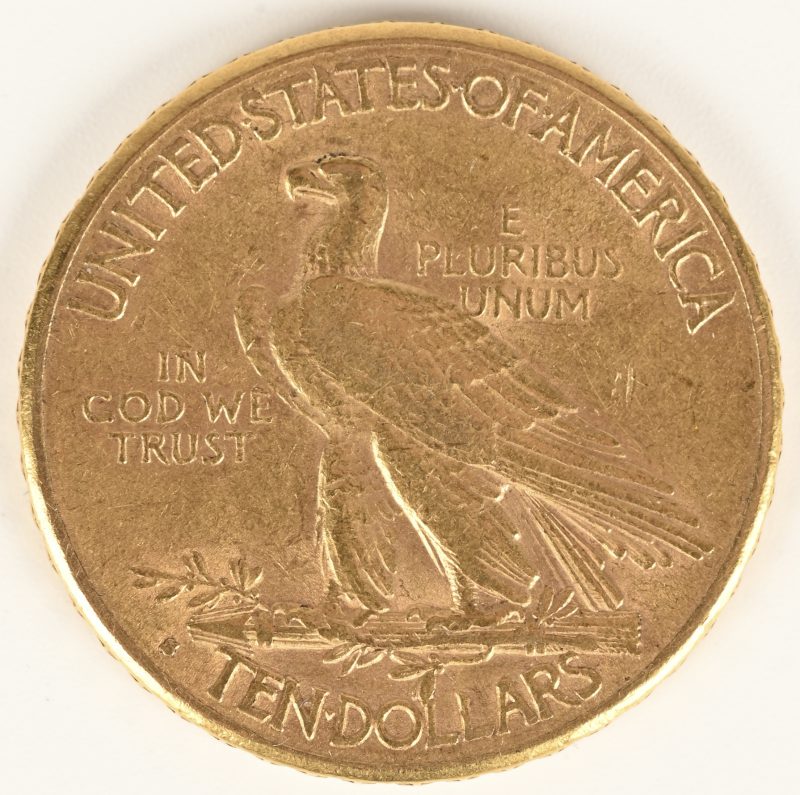 Indian head 1912. Een gouden munt van 10 U.S. Dollar. Au 900/1000.