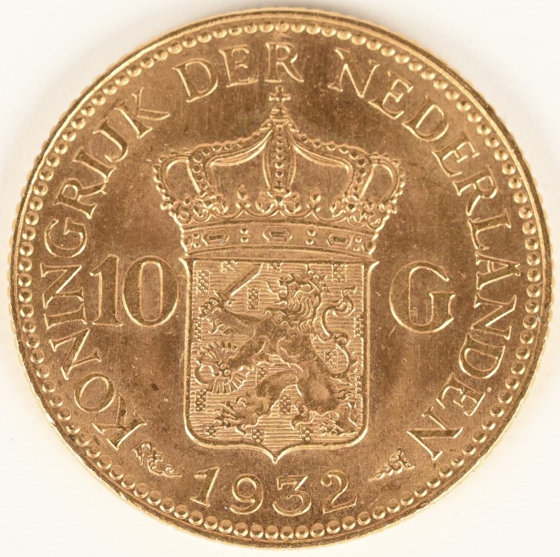 Wilhelmina 1932. Een gouden munt van 10 Gulden. Au 900/1000.