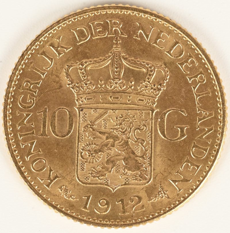 Wilhelmina 1932. Een gouden munt van 10 Gulden. Au 900/1000.