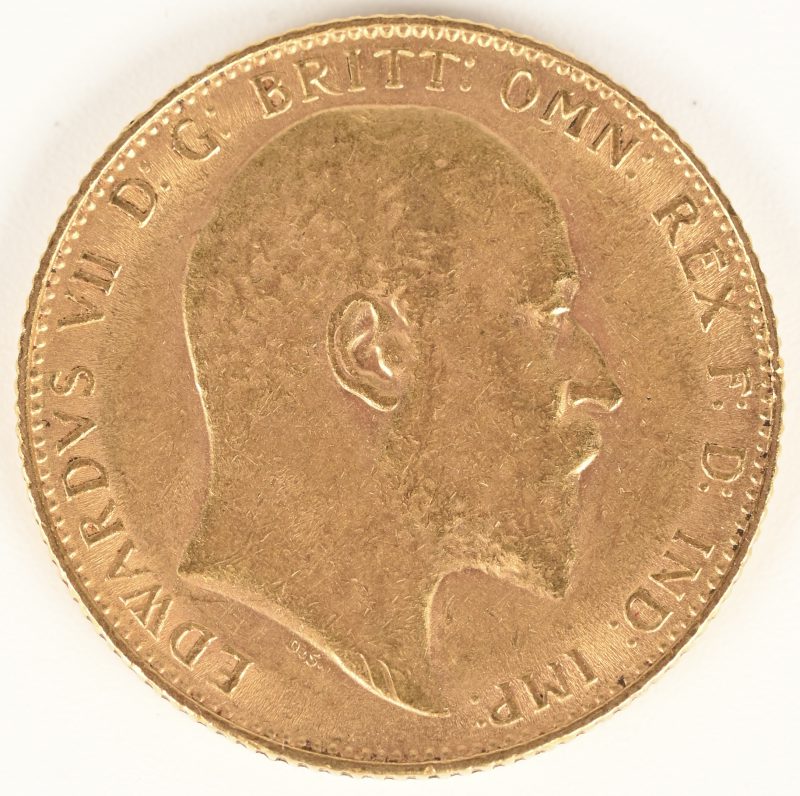 Edward VII 1908. Een gouden munt van 1 Sovereign. Au 917/1000.