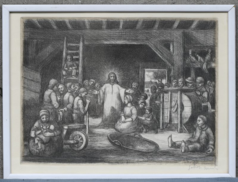 “Christus predikt in de schuur”. Gravure. Gesigneerd buiten de plaat.