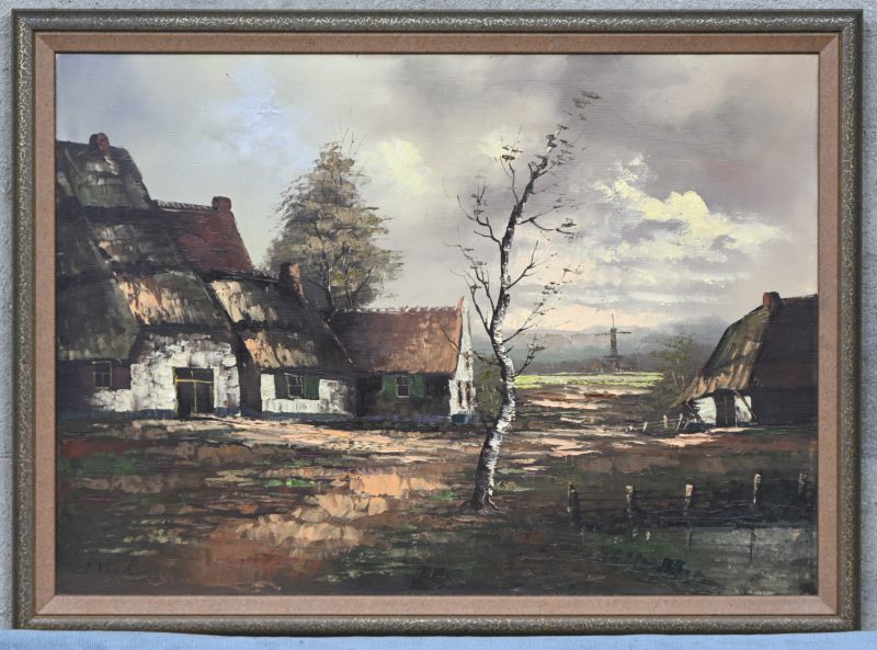 Schilderij, olie op doek. “Boerderij met molen in de achtergrond”. Getekend B van Rijn.