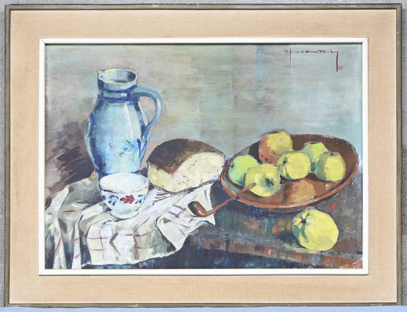 “Stilleven met fruit”. Olieverfschilderij op doek. Onleesbaar gesigneerd