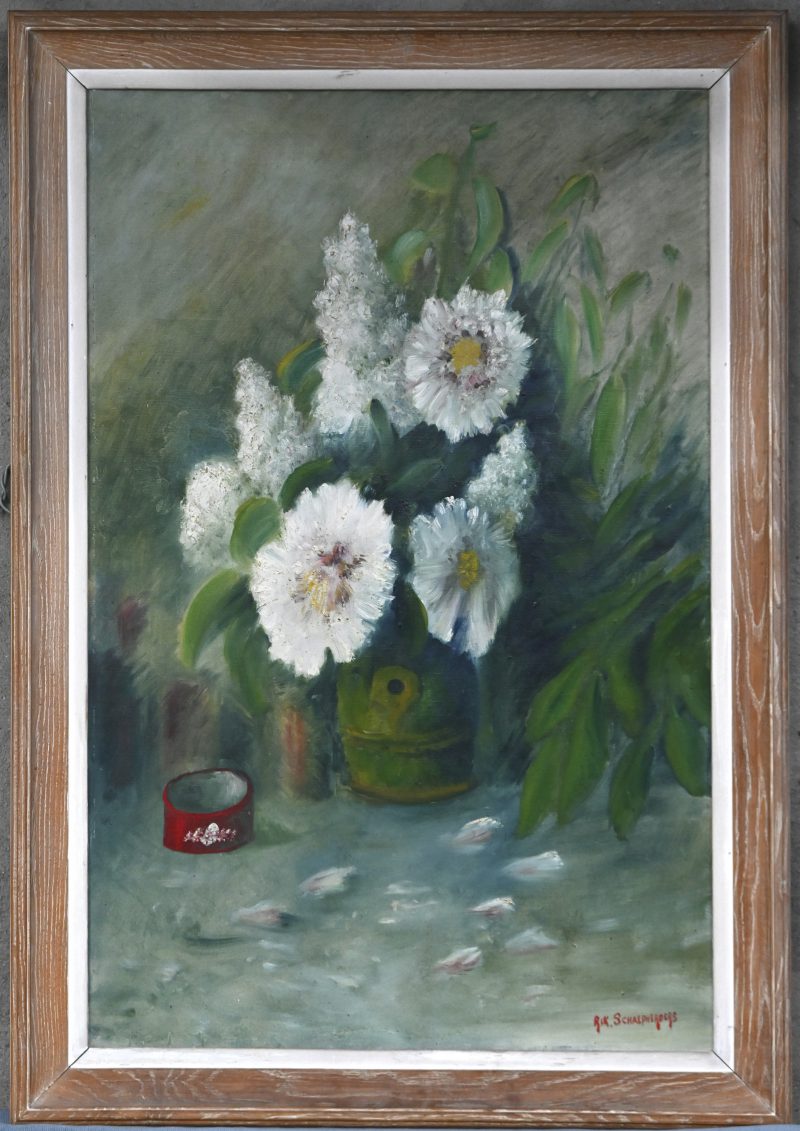 “Bloemenstilleven”, een schilderij, olieverf op doek, gesigneerd Rik Schaepherders.