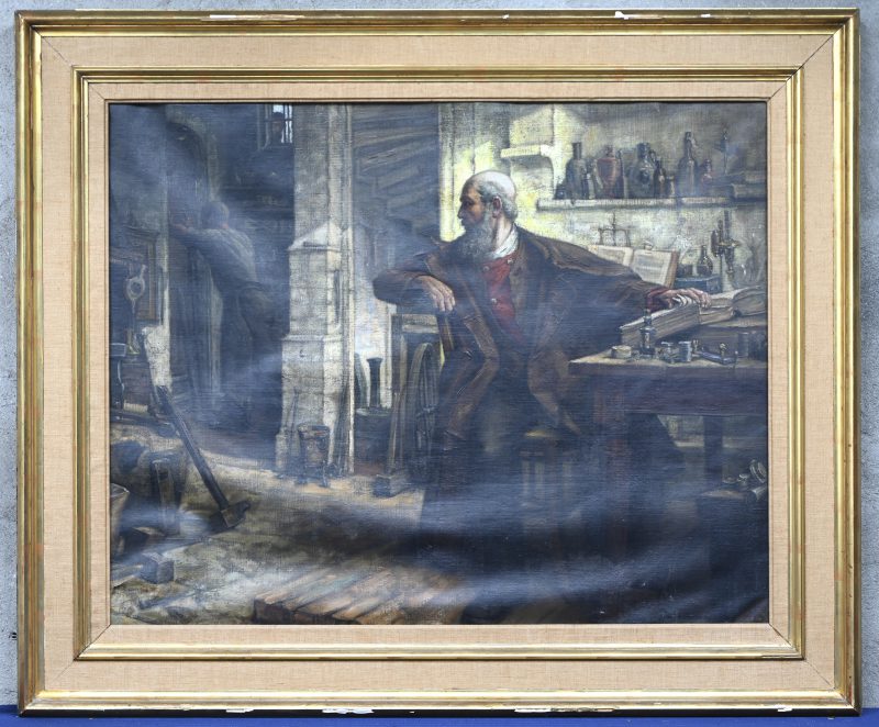 “Interieur met belezen man”, een schilderij, olieverf op doek, gesigneerd ‘De Coene’. Alsook op de achterzeide een schilderij van een jongeman met ontblote borstkas.