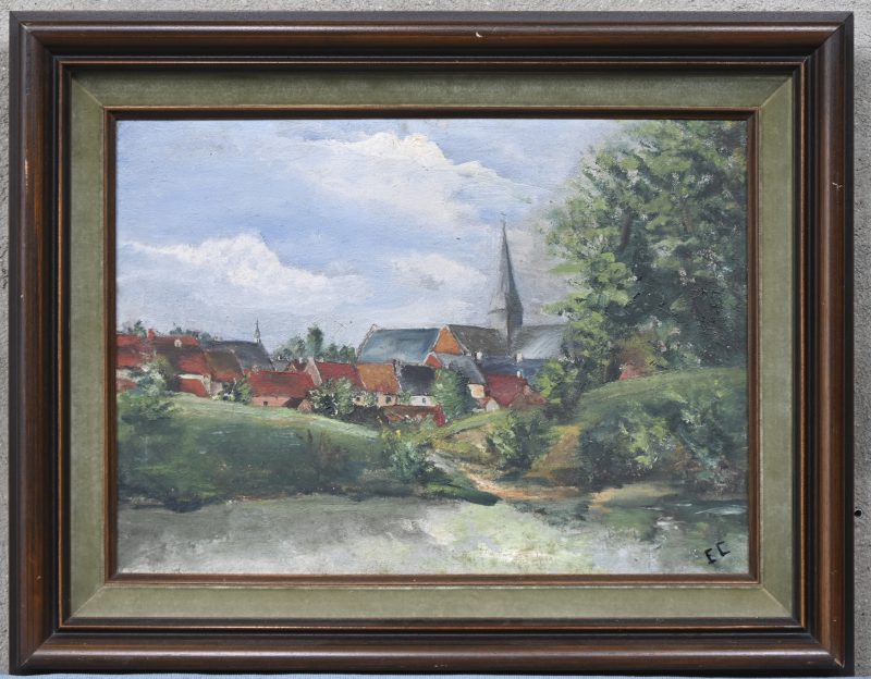 “Zicht op het dorp”, een schilderij, olieverf op doek, gemonogrammeerd EC.