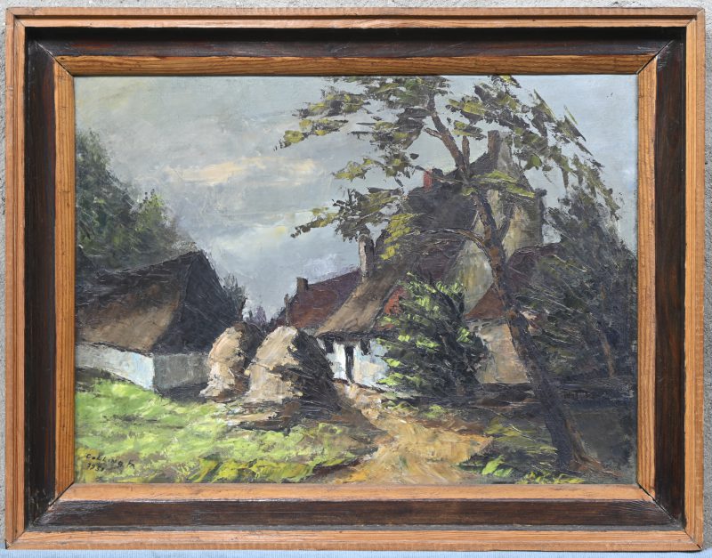 “Hoevezicht met hooischoven”, een schilderij, olieverf op doek, gesigneerd Colling Fr. en gedateerd 1951.