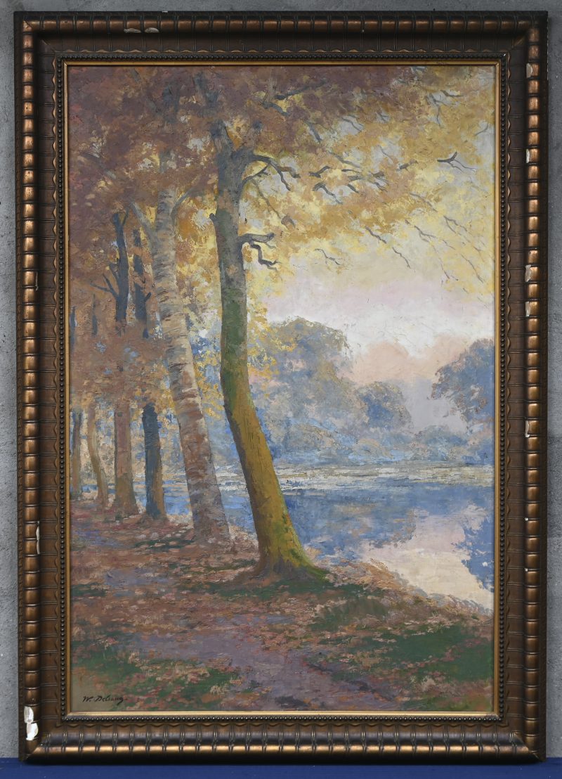 “Boszicht aan de vijver in de herfst”, een schilderij, olieverf op doek, gesigneerd W. Delsaux.