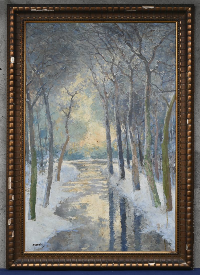 “Bosbeek in de winter”, een schilderij, olieverf op doek, gesigneerd W. Delsaux.