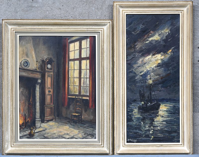 “Interieur te Brugge en  Vissersbootje bij maanlicht”, een set van 2 schilderijen, olieverf op board, gesigneerd R. Frénay.