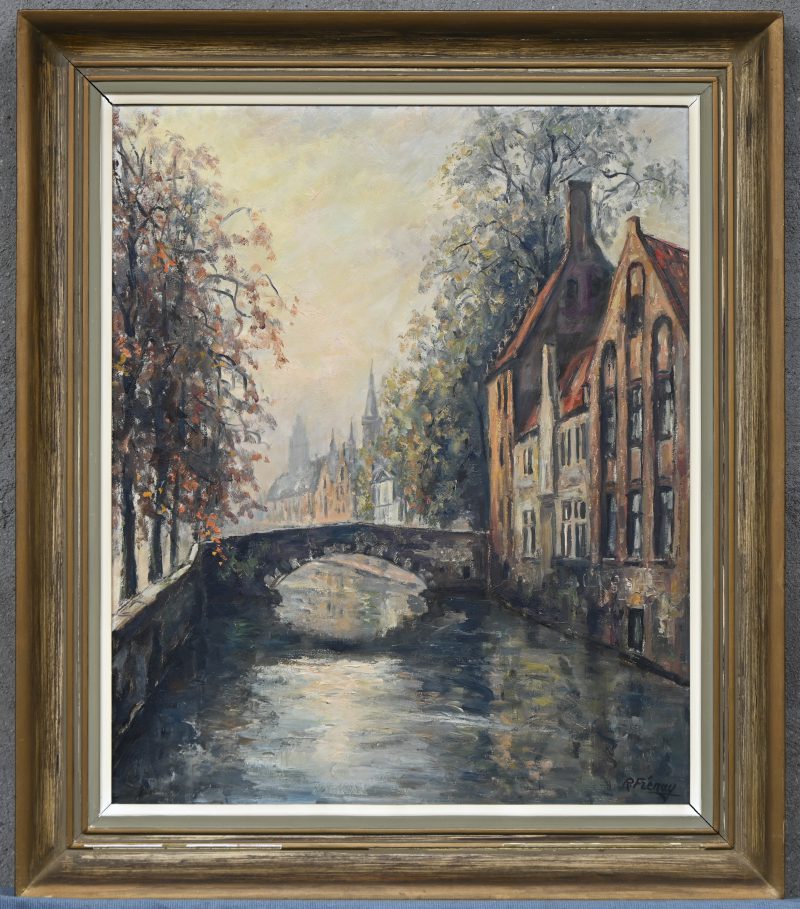 “Zicht op de reien te Brugge”, een schilderij, olieverf op board, gesigneerd R. Frénay.