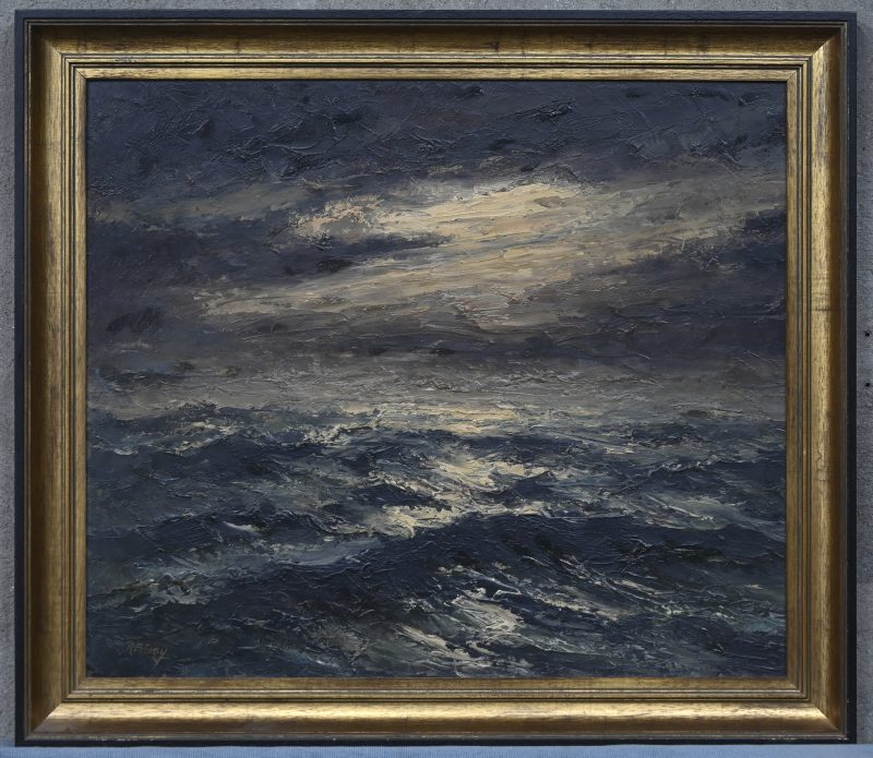 “Mer du Nord”, een schilderij, olieverf op board, gesigneerd R. Frénay en gedateerd achteraan 1950.