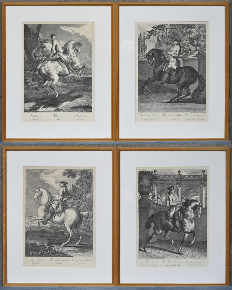 Lot van 4 lithografische reproducties naar gravure. Thematische prenten uit de ruitersport.