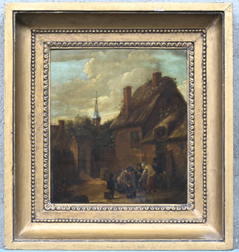 “Personages bij een hoeve”. Olieverf op paneel. Vlaamse school naar David Teniers.