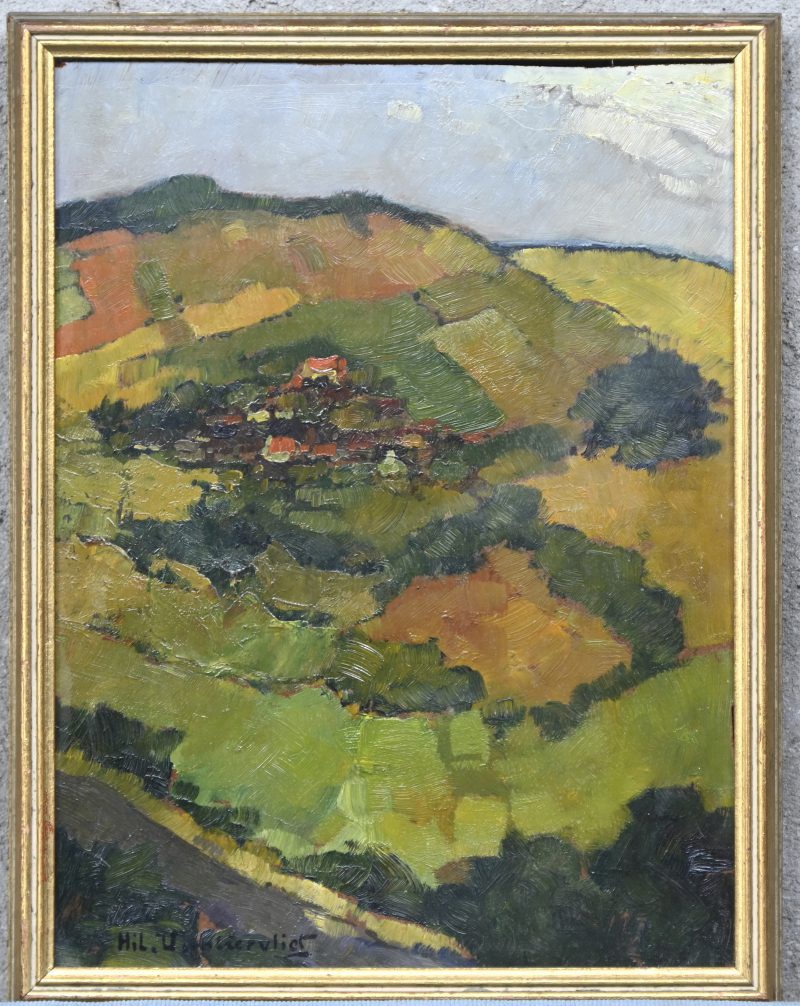 “Landschap met dorp”, een schilderij, olieverf op board, gesigneerd Hil. Vanbiervliet.