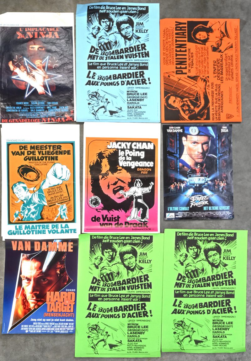 Een lot van 10 oude film affiches in Nederlandse en Franse vertaling: ‘De genadeloze ninja (Enter the Ninja), Penitentiary, Master of the flying guillotine x 2, Hard Target, Street Fighter, en ‘Death Dimension’ (1978) x 3.