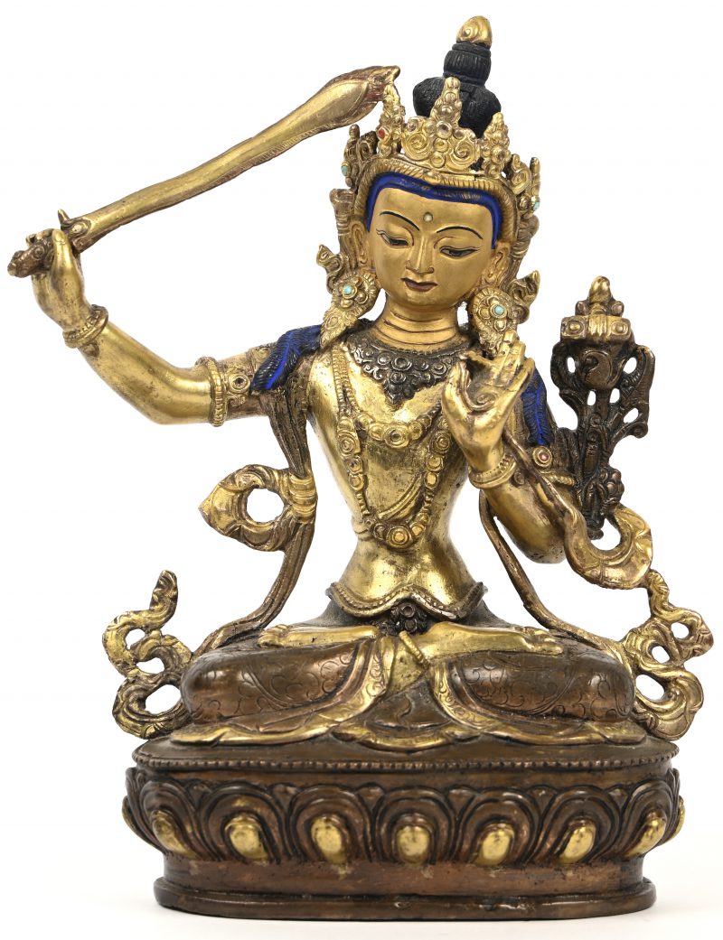 Sino-Tibetaanse bronzen model van Boeddha Masjushri met inlegwerk van turkoois en koraal. 19/20e eeuw