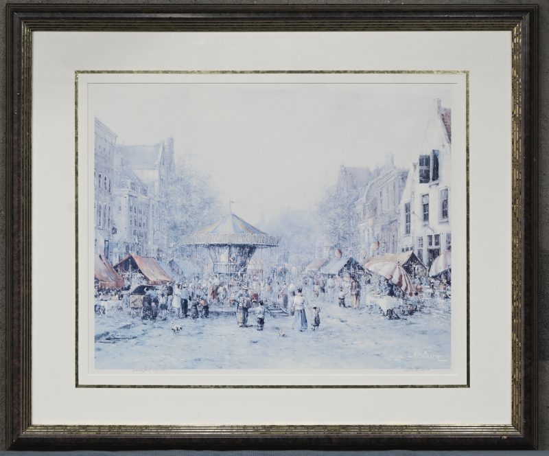 Ingelijste kunstdruk met kermistafereel. Genummerd 120/250. Naar Albert Buikema.