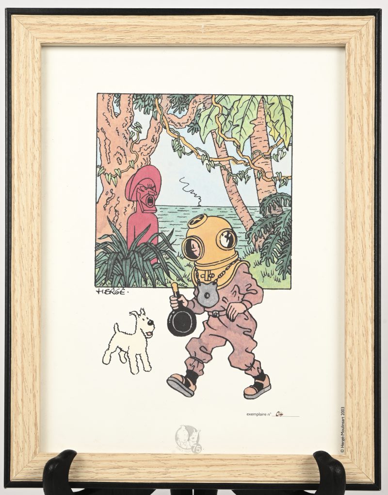 “Kuifje en de schat van Scharlaken Rackham”, een lithografie in kleur, een gelimiteerde uitgave van Hergé-Moulinsart uit 2003 exemplaire no 04.