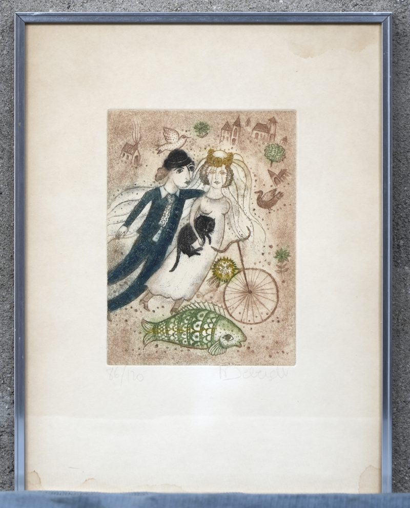 “Romantisch tafereel”, een kleurenets, circa 1970, buiten de plaat gesigneerd en genummerd 86/120.
