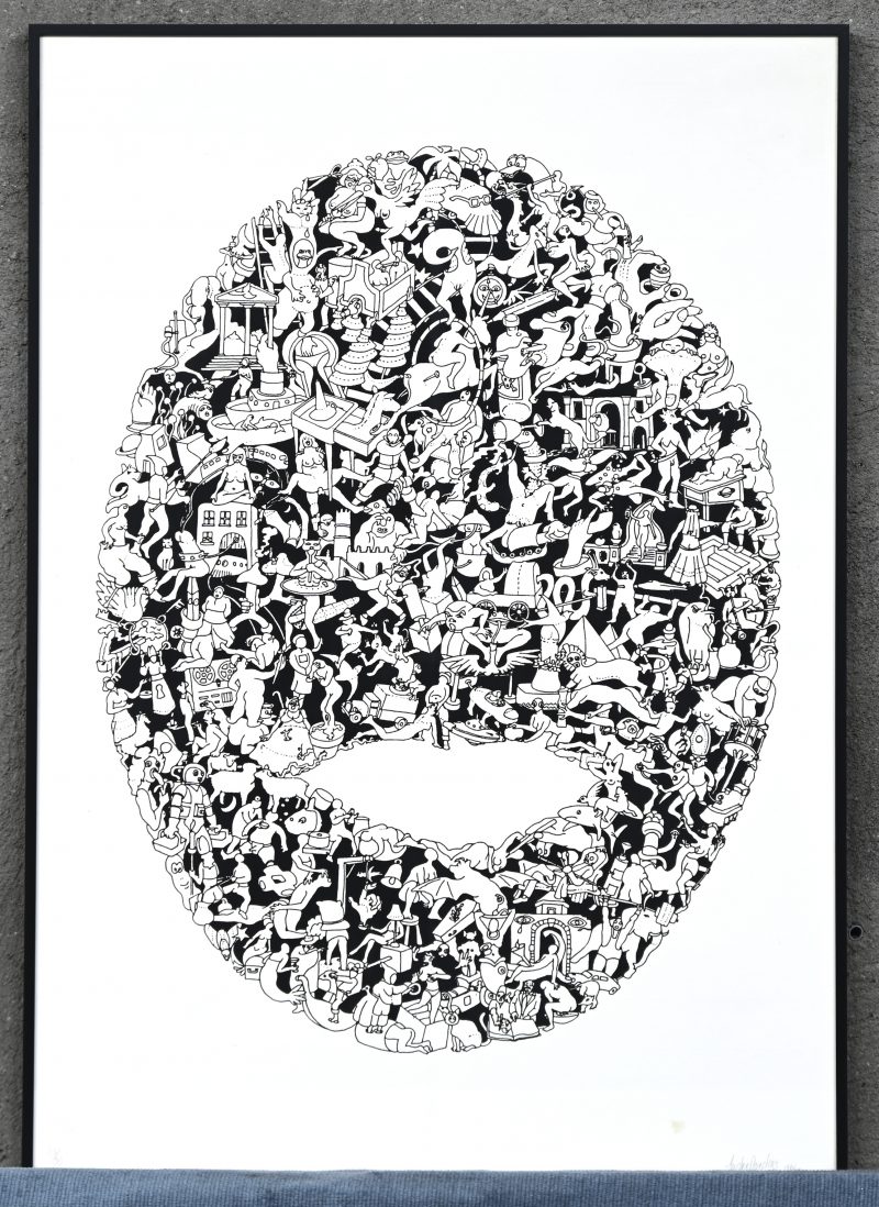 Monochrome grafiek van de hand van de Antwerpse tekenaar, graficus en aquarellist André Donders. Genummerd 24/30, gedateerd '1984' en gesigneerd. Donders (°1944) volgde opleiding aan het Stedelijk Instituut voor Sierkunsten en Ambachten (SISA).Donders stelde o.a. tentoon in De Zwarte Panter te Antwerpen.