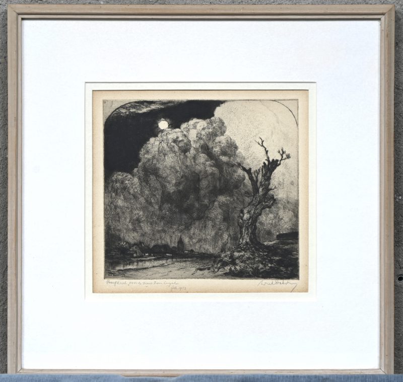 “Dorpszicht bij dreigend onweer”, een ets, gesigneerd buiten de plaat Dirk Baksteen. Gedateerd 1953, proefdruk.