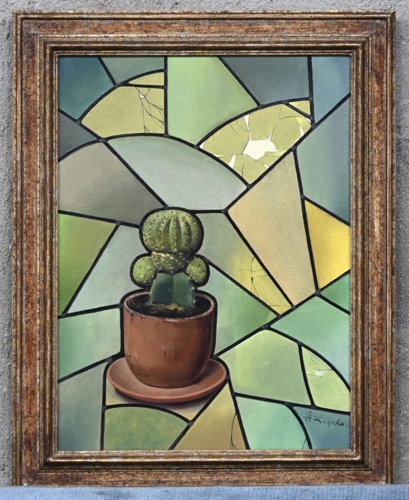 “Cactus bij glasraam”, een schilderij, olieverf op doek, gesigneerd Fr. Luyckx.