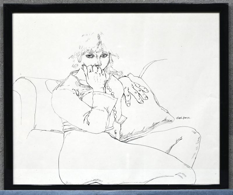 ‘Zittende vrouw’, pentekening in Chinese inkt. Getekend rechts in het werk; Valk, december ‘74.