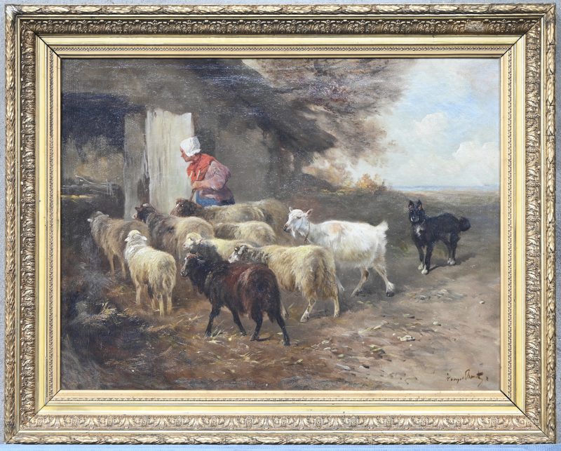 “Herderin met hond en schapen”, een schilderij, olieverf op doek in vergulde kader, gesigneerd Henry Schouten.
