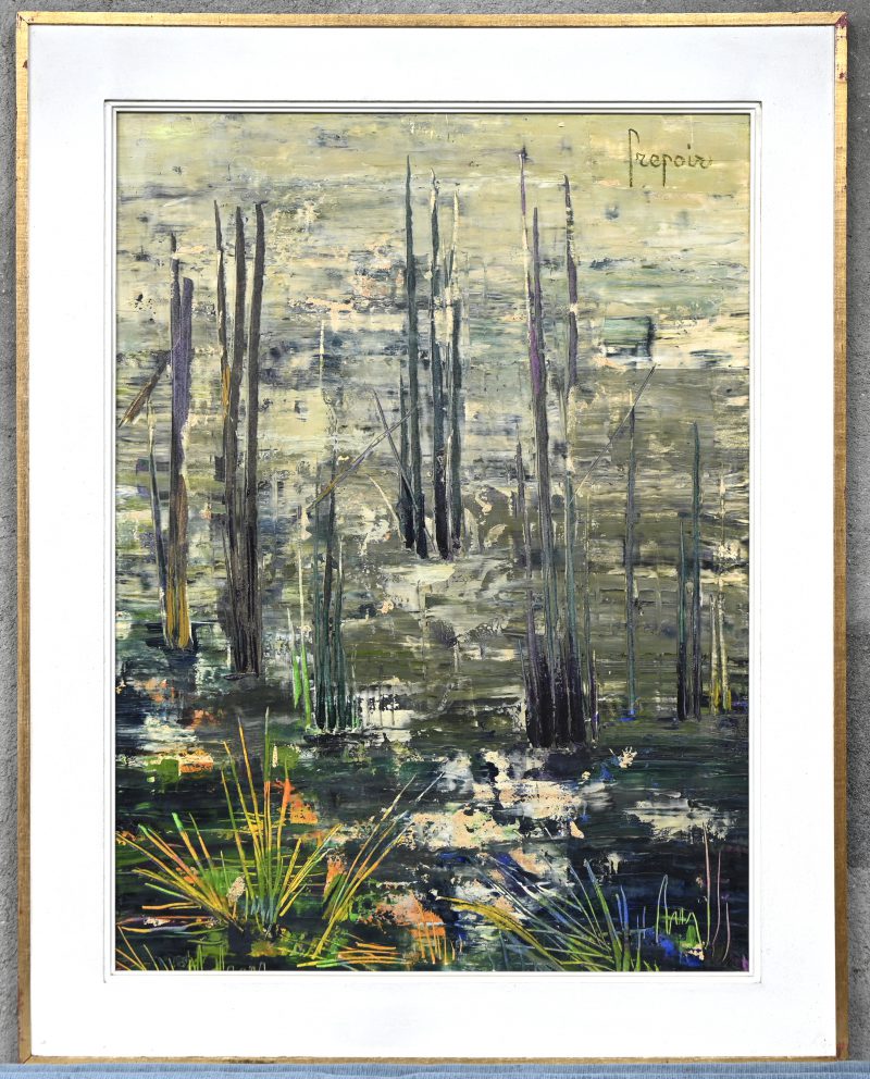 ‘Waterplanten’. Olieverf op paneel. Abstract impressionistisch werk, getekend rechtsboven; Prepoir.