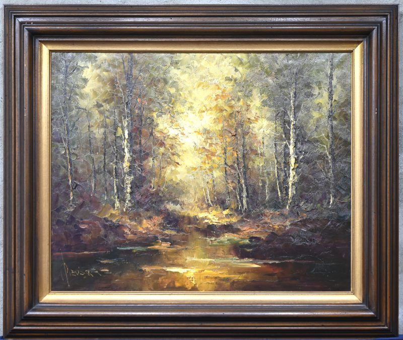 Boszicht in herfsttinten. Impast oliewerk op doek. Getekend Bévort. Johannes Bévort werd geboren in 1917 te Utrecht en was lid van International organization of free art.