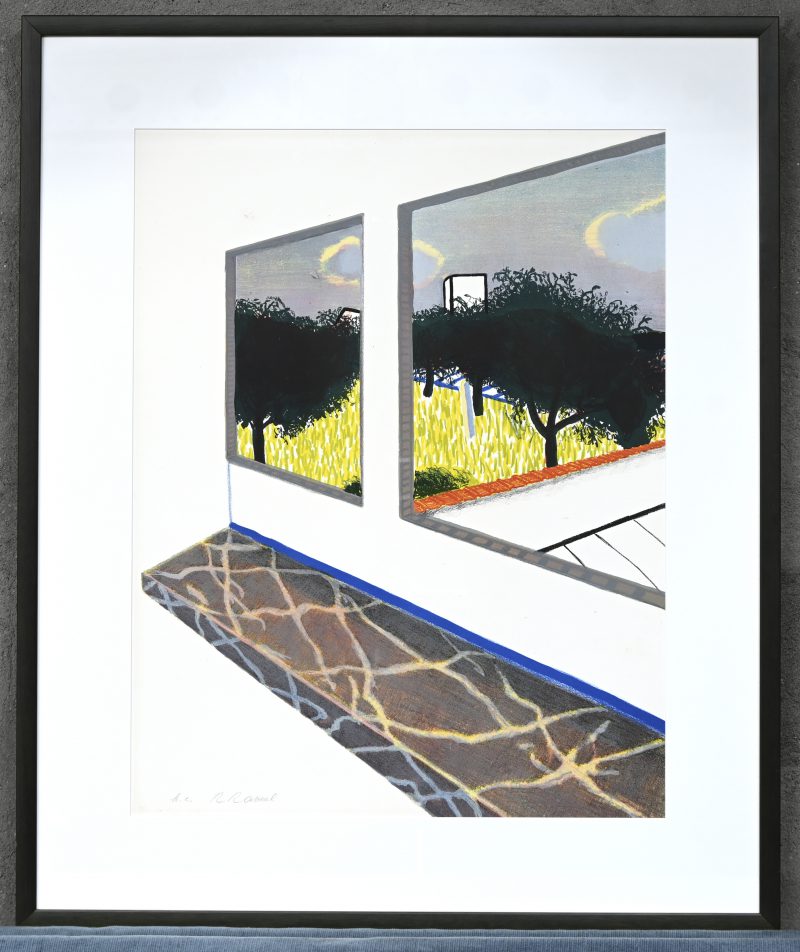 “Doorkijk met marmeren vensterbank”, een lithografie in kleur, gesigneerd in potlood H.C (hors commerse) R. Raveel. 1974. Kleine papierschade.