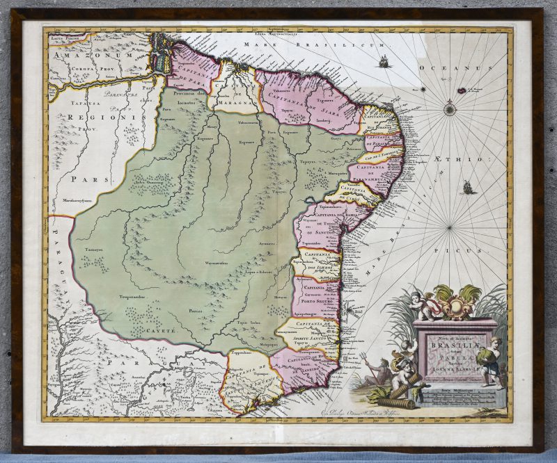 Ingekleurde gravure, landkaart van Brazilië.