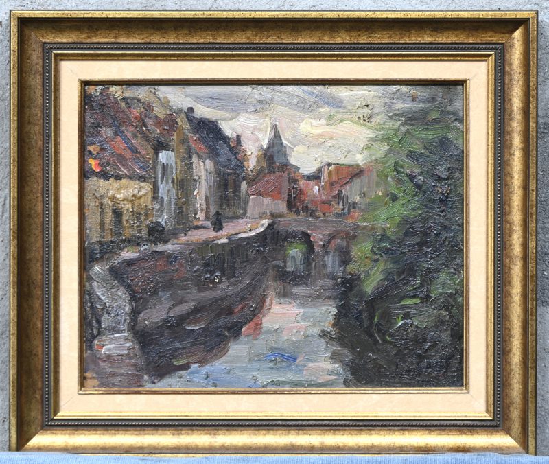 “Canal à Bruges”, een schilderij, olieverf op paneel, gesigneerd Leo Spanoghe.