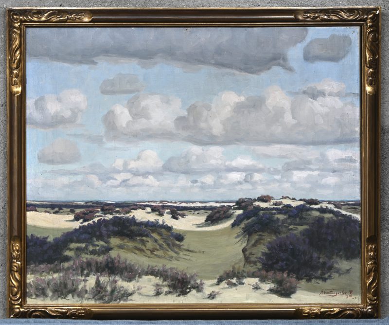 Duinenzicht. Olieverfschilderij op doek, getekend F. Vantongerloo, 1938. Het oeuvre van de Belgische schilder Frans van Tongerloo bestaat uit realistische tot impressionistische landschappen, portretten, interieurs en stillevens. Tijdens de Eerste Wereldoorlog verbleef hij samen met zijn broer Georges (ook schilder, 1886-1965) in Nederland.