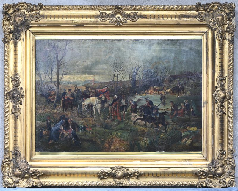 ‘Na het strijdgewoel’. Britse en Schotse soldaten hergroeperen na de strijd. 19e eeuws olieverfschilderij op doek. Niet getekend. Met stempel op de rug; E. Warren, Stoke Newington.