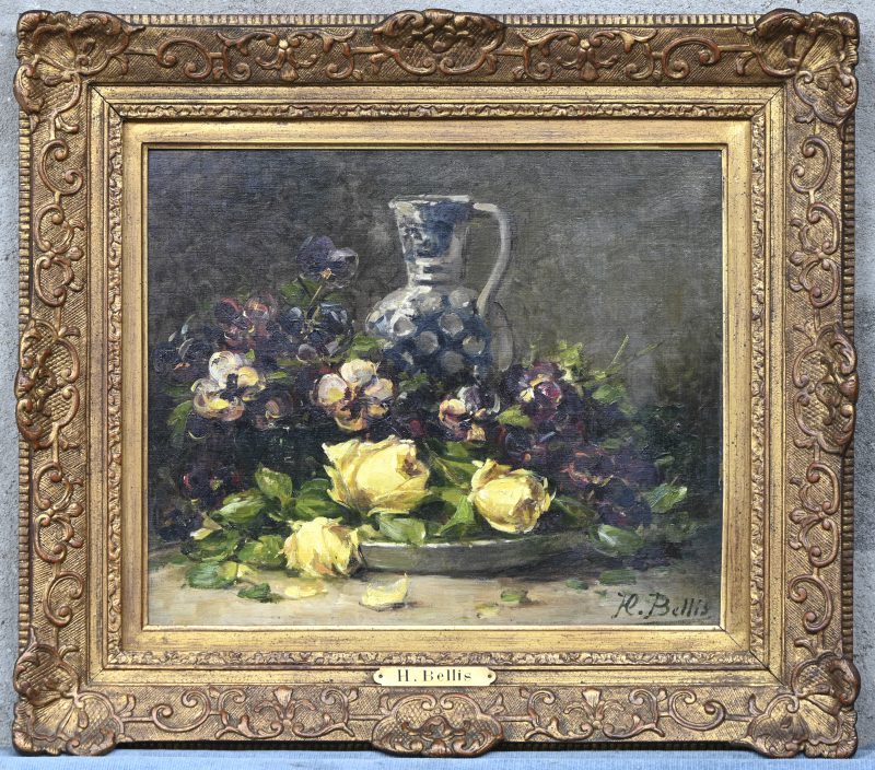 Stilleven met bloemen, olieverf op doek geteken J. L. Bellis. Hij studeerde van 1846 tot 1857 aan de Koninklijke Academie voor Schone Kunsten in Brussel bij François-Joseph Navez; hij was ook leerling van Henri De Coene.